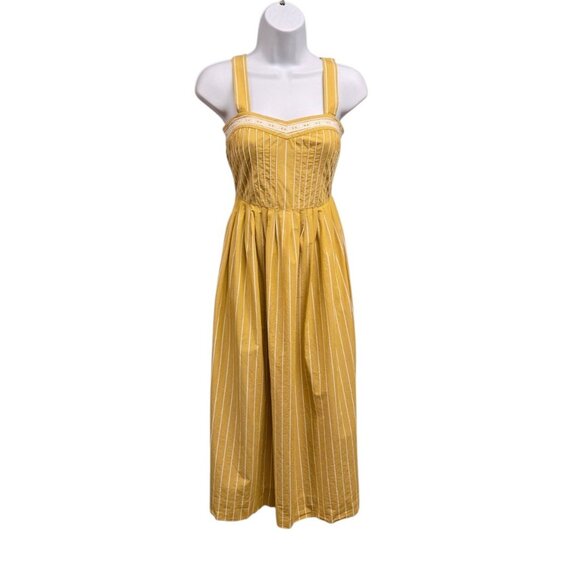 The Great Laurel Dress Womens Size 0 Yellow Stripe Pintuck Midi Length Smocked - Picture 1 of 8